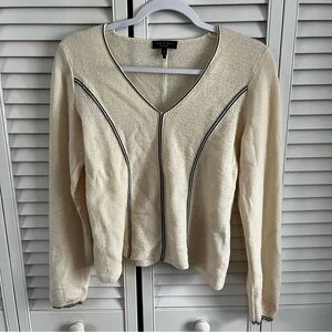 Rag & Bone Large Connie Sweater Merino Wool Cream V-Neck Sweater Contrast Piping